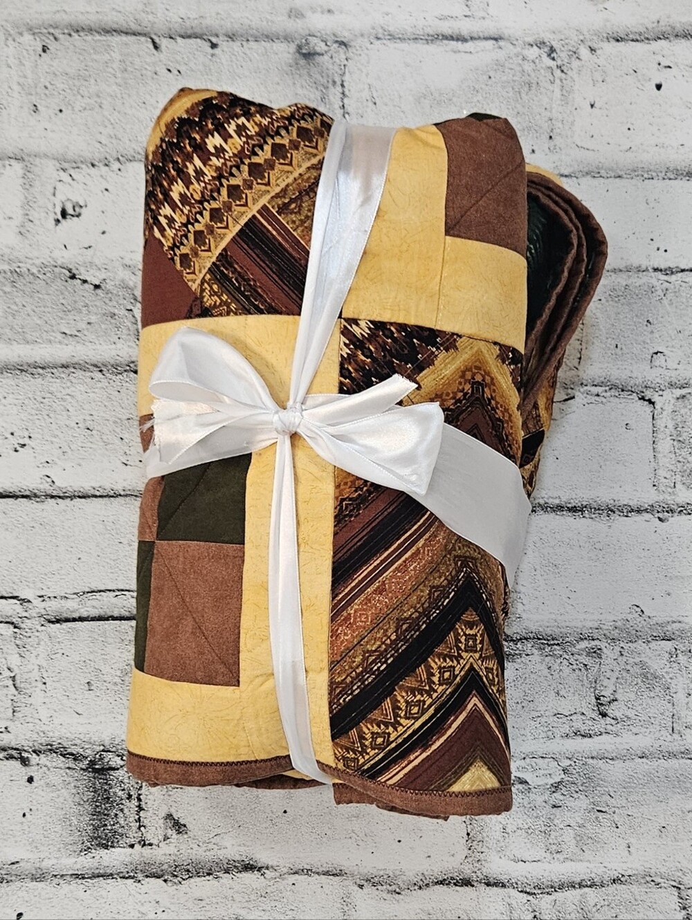 Handmade Patchwork Quilt Throw Brown Gold Green Geometric 58 x 58